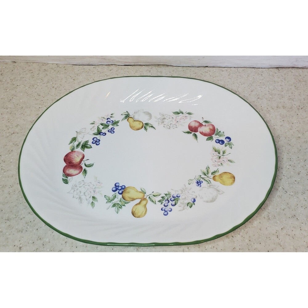 Corelle Chutney Oval Platter 10x12 Vintage Fruit Pattern Green Rim Serving Plate